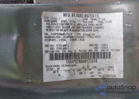 2006 Ford Focus Zx5 from USA, damaged, VIN 1FAHP37N86W175318